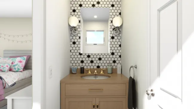 3D render of a bathroom with strategic tiling by Cedreo