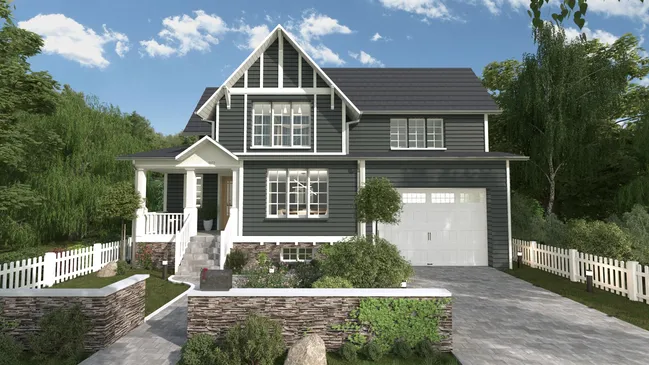 Exterior 3D rendering of a craftsman house with an extension over the garage designed with Cedreo