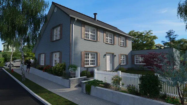 3D render of a saltbox house designed with Cedreo