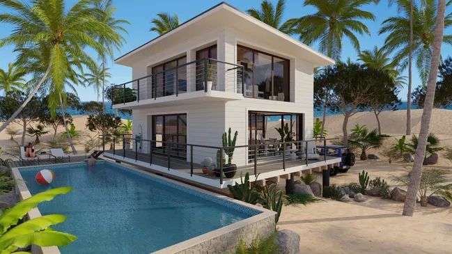 Renderización en 3D de una casa con fachada prefabricada por Cedreo.