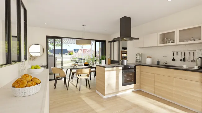 Rendu 3D d'une cuisine ouverte sur la salle à manger réalisé avec Cedreo