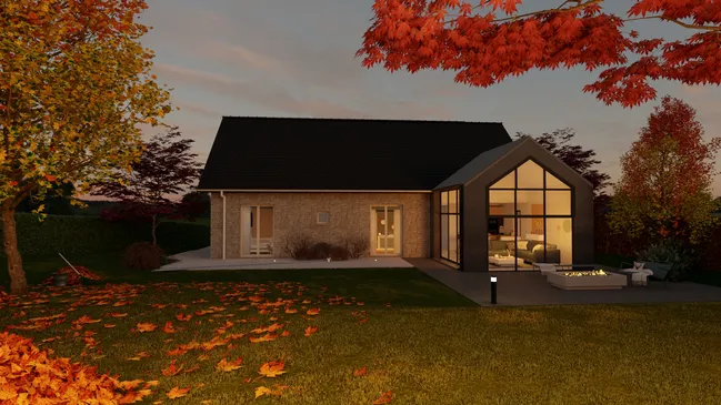 Rendu 3D extérieur de nuit d'une maison traditionnelle avec une véranda à toit 2 pans réalisé avec Cedreo