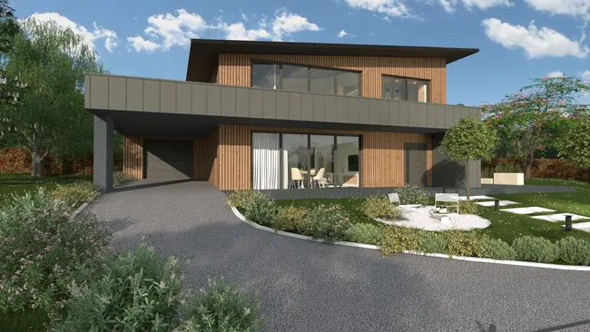 Rendu 3D extérieur d'une maison bois par Cedreo