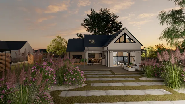 Rendu 3D de nuit d'une maison familiale réalisé avec Cedreo