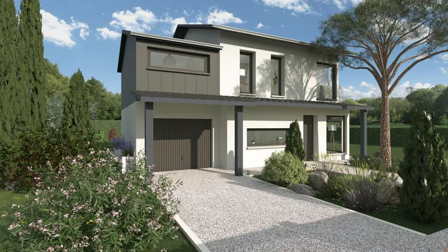 Rendu 3D d'une maison avec une surélévation en zinc réalisé avec Cedreo