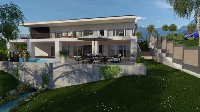 Rendu 3D d'une maison contemporaine sur terrain en pente réalisé avec Cedreo