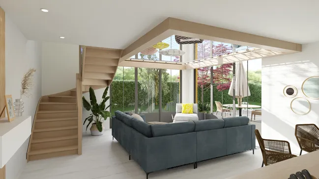 3D render by Cedreo of a prefab living room