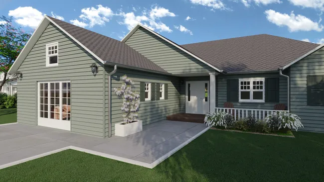 3D render of a ranch house with a garage converted into a living room by Cedreo